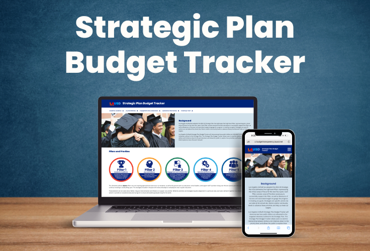  Desktop with computer and phone showing screenshots of the Strategic Plan Budget Tracker website